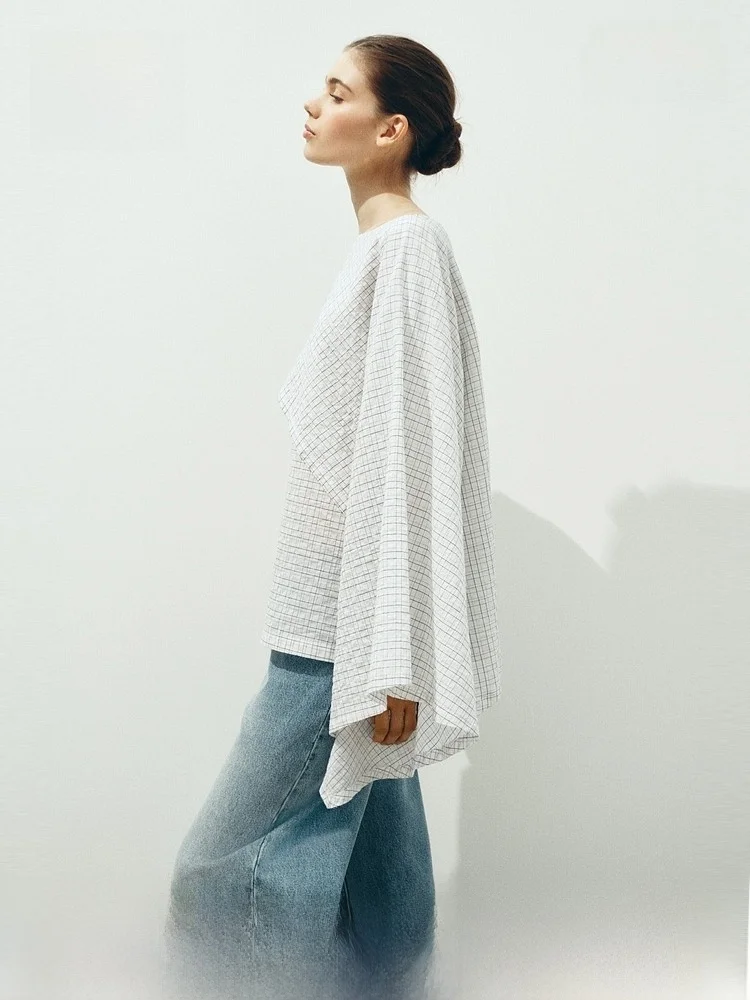 

Hm2026 Summer New Women's Casual Fit Bubble Shirt Long Sleeve round Neck Opening Fine Texture Cotton Lycra Blend Fashionable