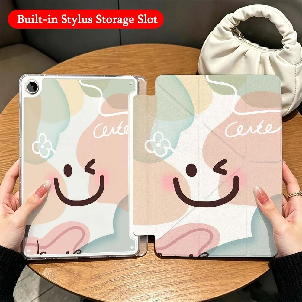 Cartoon Happy Face Art For Samsung Galaxy Tab A9 A8 A11 S6 S7 S8 S9 S10 FE Plus Lite Transparent Y-Shaped Folding Tablet Case
