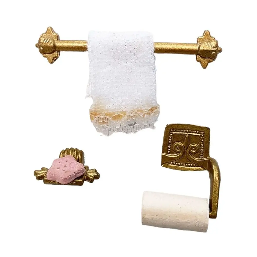 

1/12 Scale Dollhouse Furniture Gold Fireplace Accessories House Towel Rack Set Micro Landscape Soap Rack