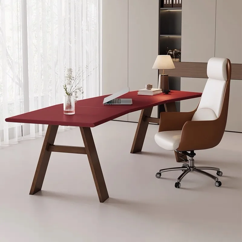 Retro solid wood lady small boss, desk young single business desk red saddle leather desktop table