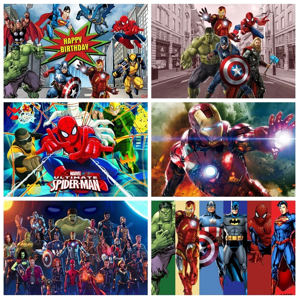 Marvel Spider Man Iron Man Hulk Mask Cape City Skyline Backdrop Photo Booth Boys Birthday Party Custom Banner Photography Decor