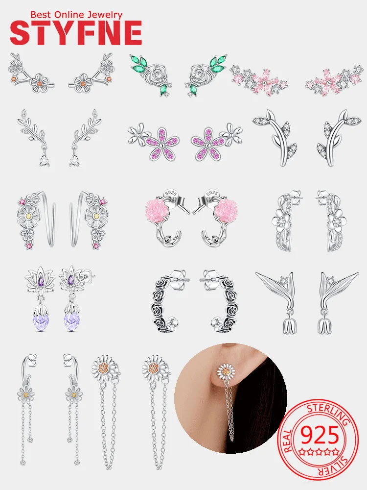 

S925 Silver Earrings Flower Series Pink Flowers Rose Wintersweet Cherry Sunflower Stud Earrings Wedding Jewelry Birthday Gifts