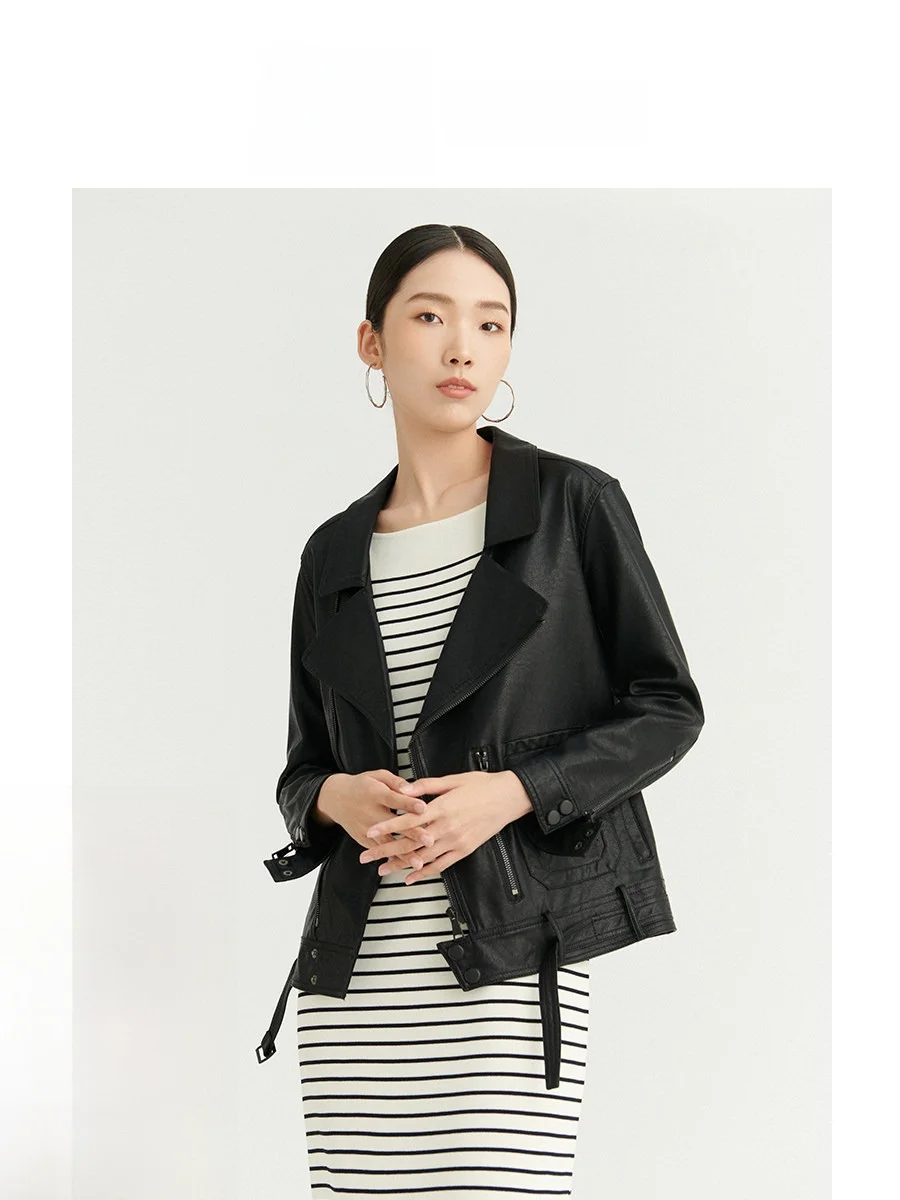 

Faionable ort High Densi PU Leather Jaet Women's Coat Cool Collar Design Polyester Long Sve Zipper Closure