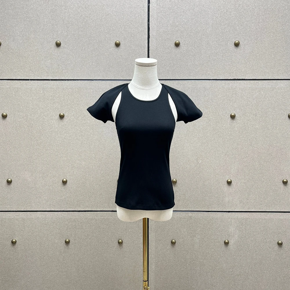Women Cotton Blend Ribbed T Shirt Round Neck Cutout Shoulder Short Sleeve Slim Fit Basic Tee Casual Fashion Ladies Workout Top