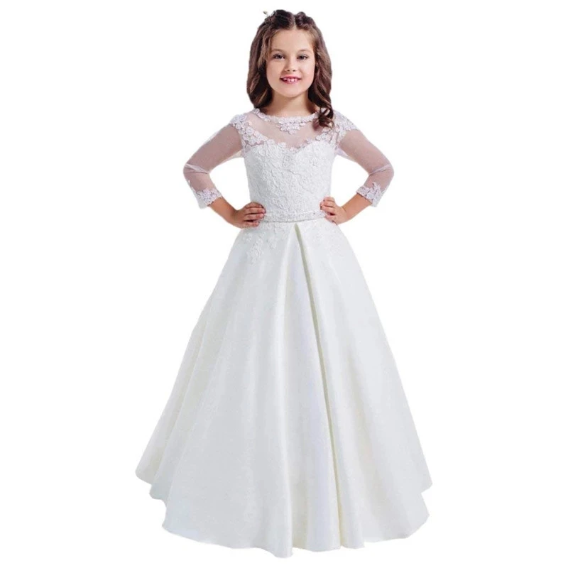 White Flower Girl Dress For Weddings Crystal Sequin Lace Applique Gown For Little Girl First Holy Communion Party Dresses