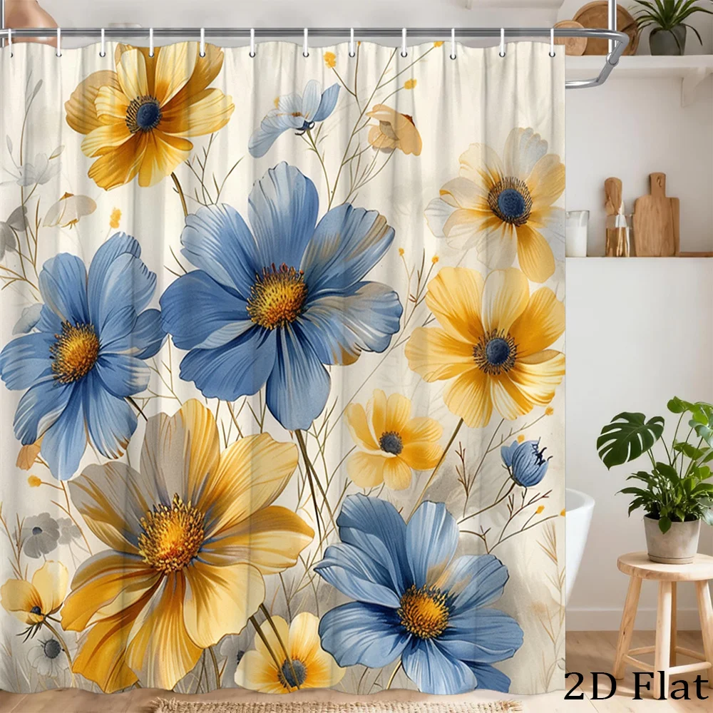 

Bohemian Floral Shower Curtain Blue Yellow Large Bloom Botanical Print Waterproof Bath Curtain 180x180cm