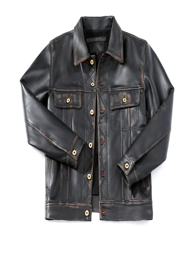 

YR!Free shipping.High quality Vintage black casual leather jacket.luxury Tea core cowhide coat.men cool slim outwear