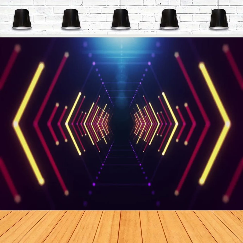 Fondo de fiesta de neón Let's Glow, vinilo, luces de neón cuadradas futuristas, fondo de fotografía de túnel, pancarta de Fiesta Disco de los años 80 y 90