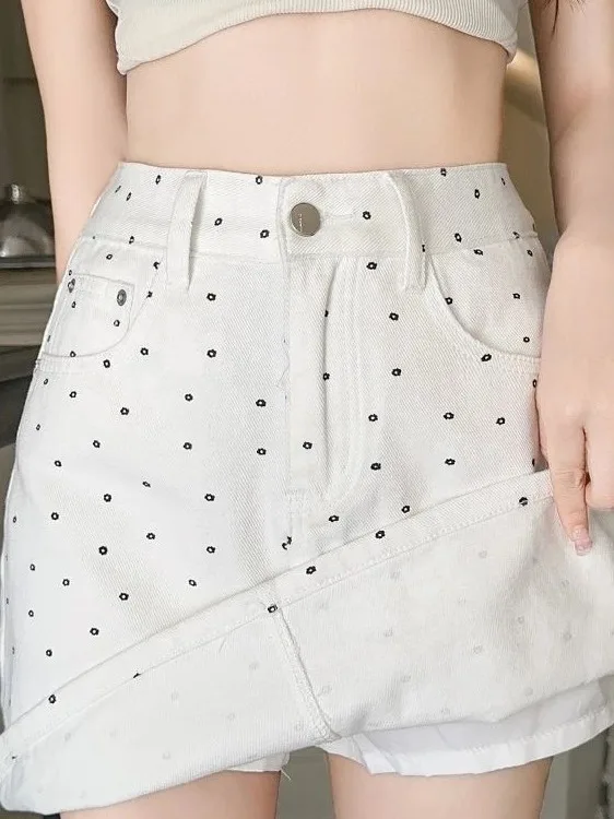 White Polka Dot Denim  Skirt Women's Summer Thin High Waist A-Line Skirt Pants Bodycon Half-length Skirt Straight Leg Jeans