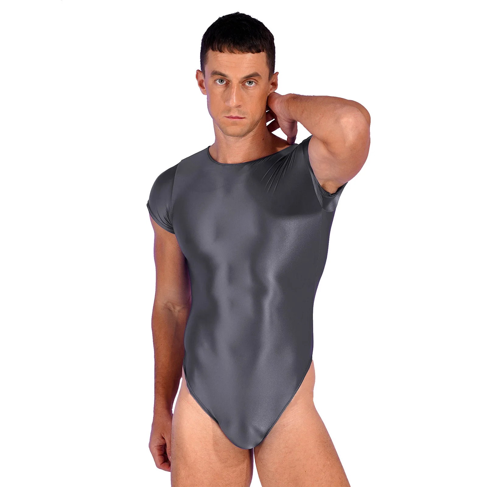 

Swimwear Mens Swimsuit Cose-fitting Short Sleeve Leotard Gymnastics Bodybuilding Gym Fitness Glossy High Cut One Piece Bodysuit