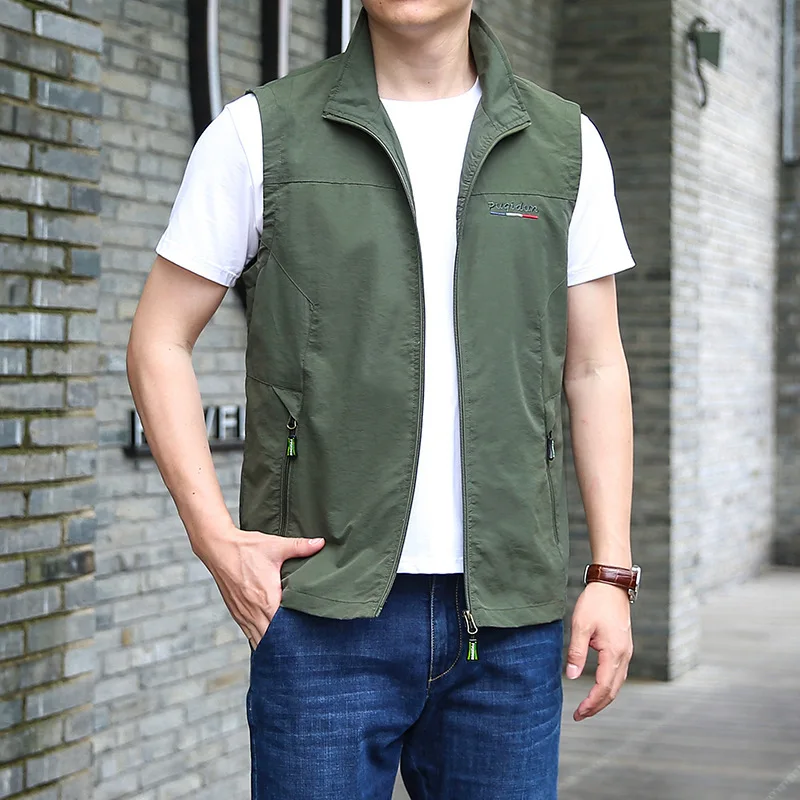 2024 Spring and Summer Thin Vest Middle and Elderly Casual Solid Standing Neck Breathable Fishing Vest Large Loose Shoulder Coat