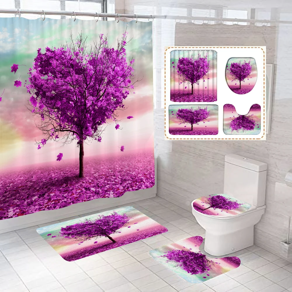 

180*180cm Beautiful heart-shaped Tree Fabric Shower Curtains Bath Mats Rugs landscape Bathroom Curtain Set Toilet Cover Mat