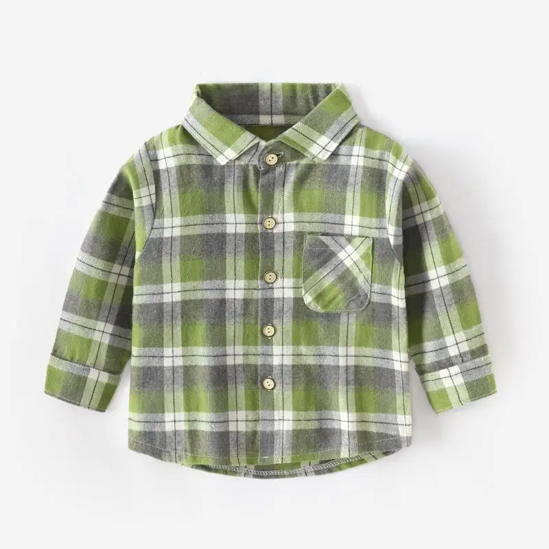 2024 Spring Autumn Children Long Sleeves Shirt Fashion Plaid Top New Girl Boy Polo Collar Casual Single Breasted Outing Clothing