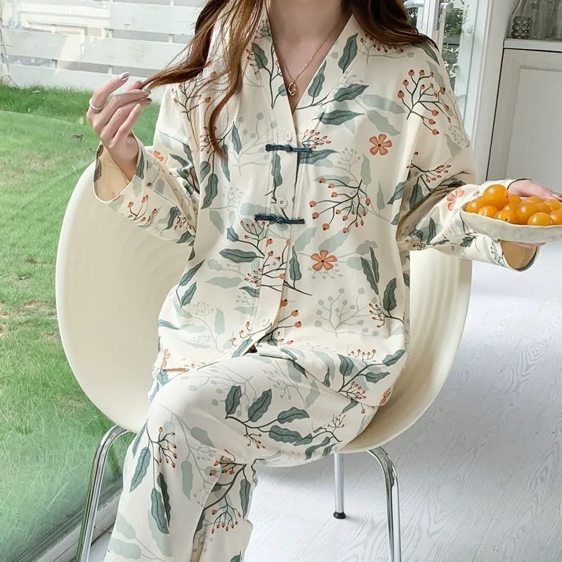 Conjunto de pijama feminino de manga comprida, puro algodão, elegante roupa de dormir larga para estudantes, terno de serviço doméstico, novo para primavera e outono