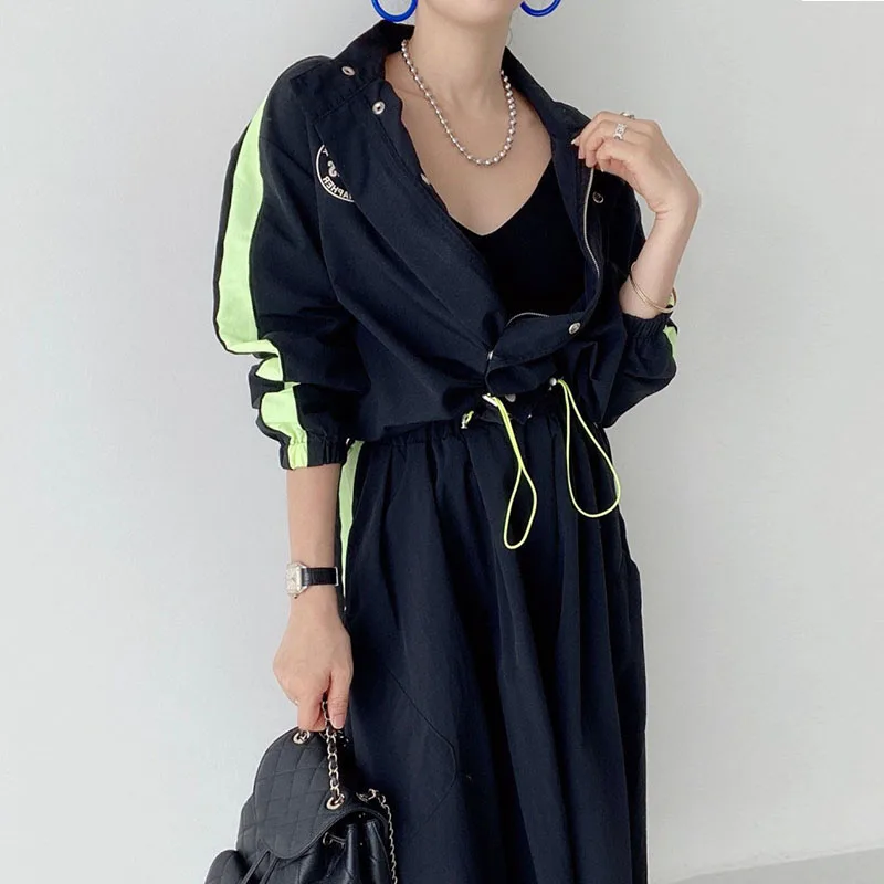 Chic Spring Personalized Letter Print Color Blo ort Jaet High Waist ket Maxi Skirt Set Faionable A-Line Skirt