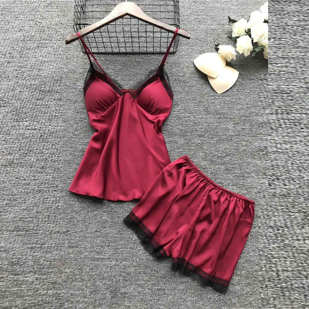 Slik Satin Lace Splice Sleepwear 4 Piece Pajamas Set Sexy Nightdress Robe+Suspenders Vest Tops +Shorts Solid Color Homewear Suit