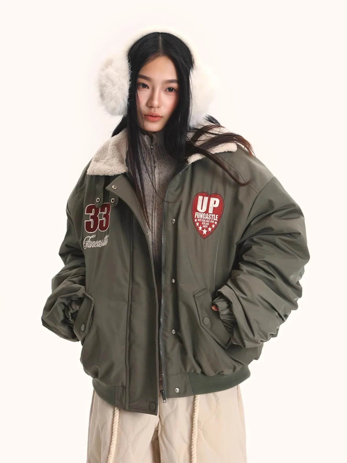 

Утепленная хлопковая куртка с воротником из овечьего меха, бейсбольный стиль, зимнее пальто, теплое, повседневное, свободного кроя, молодежное, модное, из полиэфирного волокна