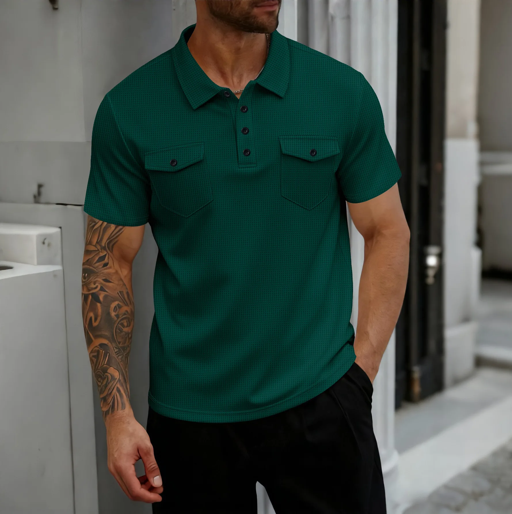 2026 Summer Solid Polo Shirt for Men, Waffle Knit Lapel Short Sleeve Casual Tops Outdoor Daily Apparel