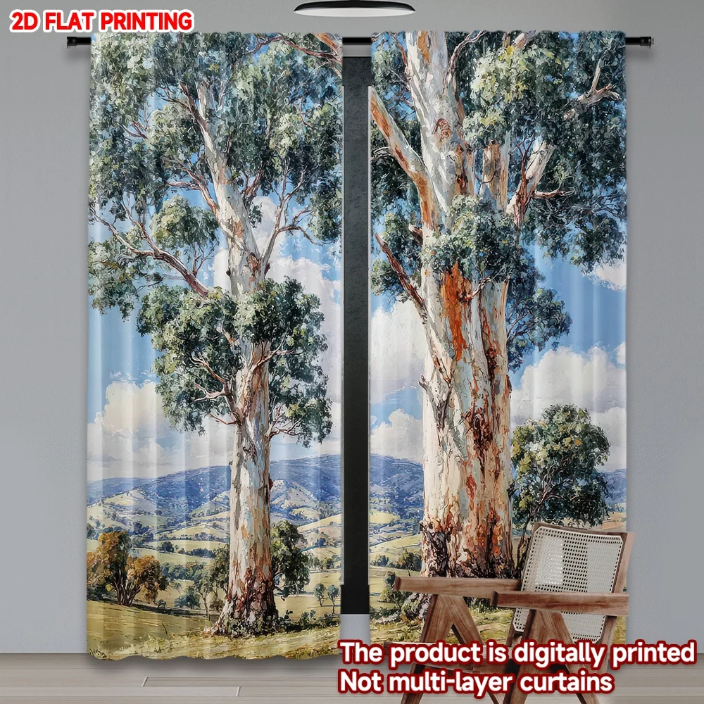 

2D flat printing 2pcs Scene Curtain Two Tall Eucalyptus Trees Digital Printed Polyester Drapes Family Party Perfect for All