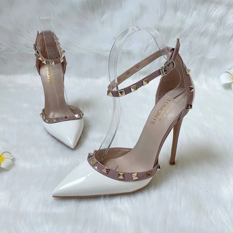 Free Shipping TOMONYE  white patent with stud ankle strap cut in the middle 12cm High Heel Shoes for Evening Dress pump