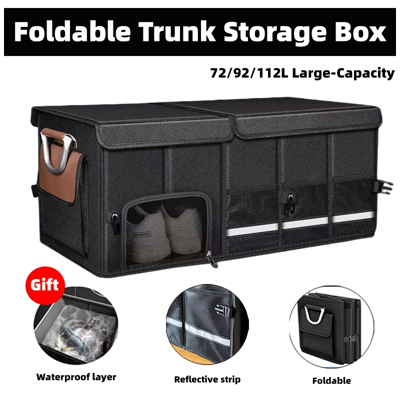 Caja de almacenamiento de maletero plegable para acampar/pesca, organizador de coche de gran capacidad de 72/92/112L, tela Oxford impermeable, fácil de llevar