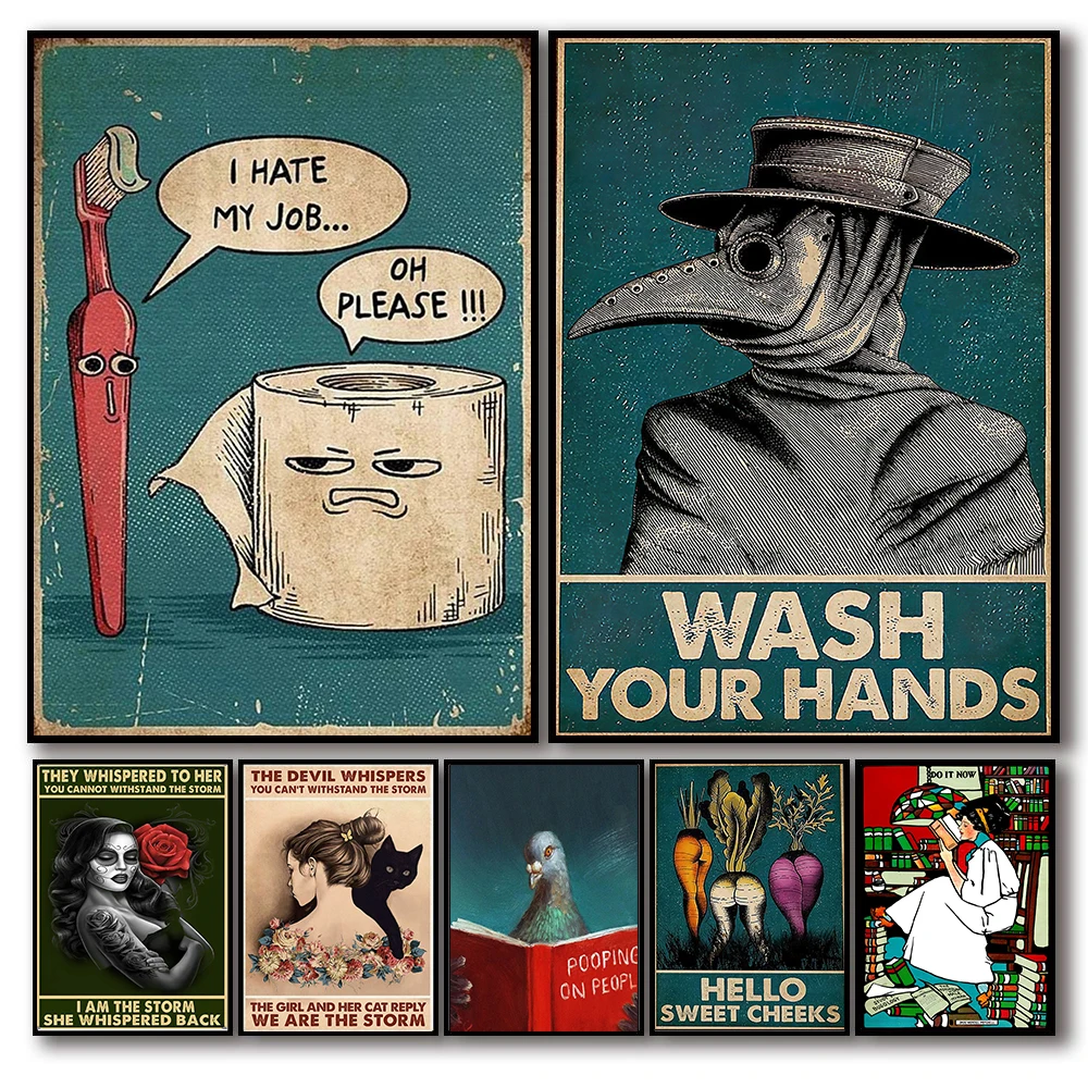 Vintage I Hate My Jobs Funny Toothbrush Toilet Paper Poster Aesthetics Plague Doctor Wash Your Hand Canvas Wall Art Room Deco
