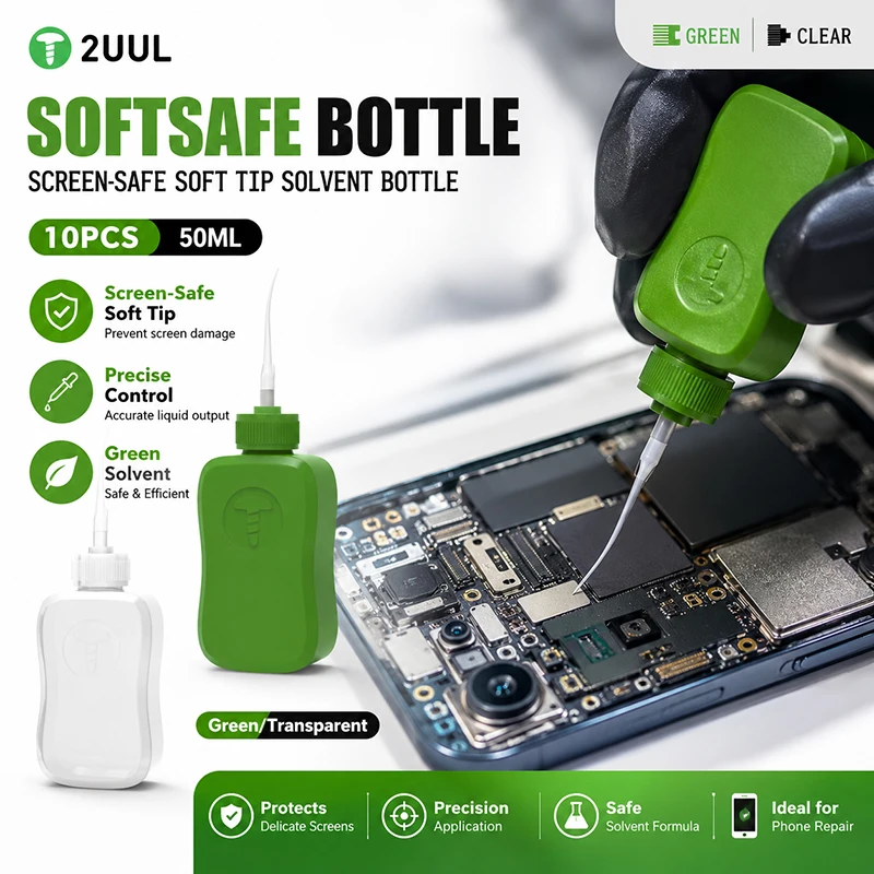 2UUL SoftSafe Bottle 50ml Screen Safe Soft Tip Solvent Bottle Green Clear For Phone Repair Flux Liquid Dispensing