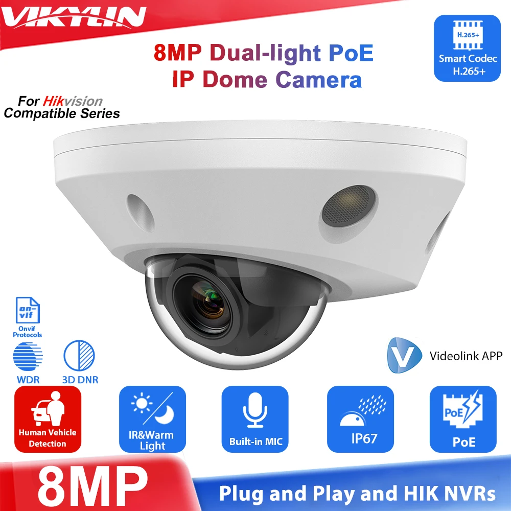 vikylin 8MP Mini Dome IR Night Vision IP Camera for HIK Compatible Human Vehicle Detection Outdoor CCTV Security POE Camera IP67