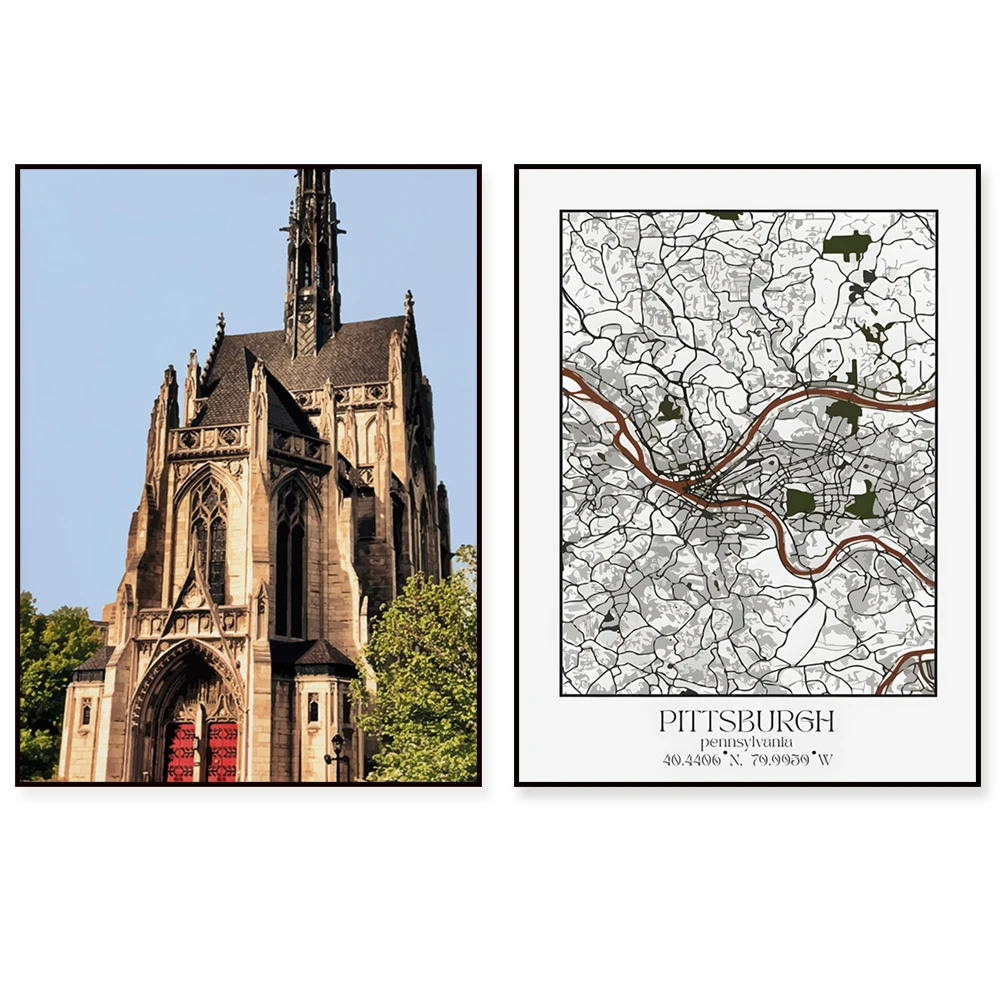 Pittsburgh City Print, Pittsburgh Landmarks, Pittsburgh Map, Pennsylvania Vintage Travel Nordic Poster Canvas Picture Home Decor