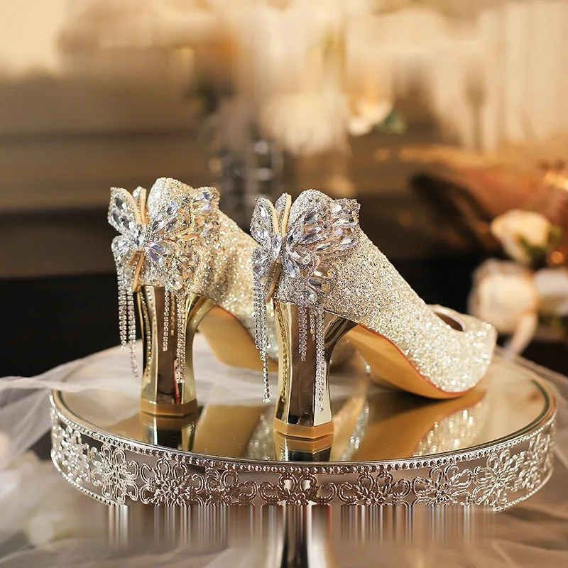 

Туфли в стиле принцессы для свадьбы, вечерние туфли на массивном каблуке с блестящими пайетками, туфли на высоком каблуке с кристаллами для девичника