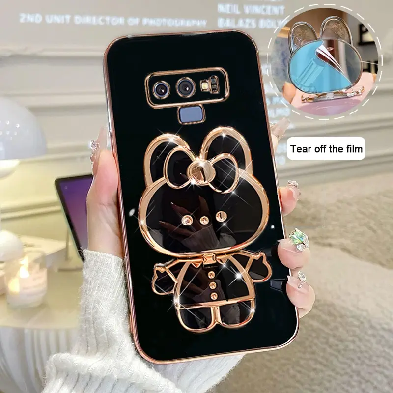 Makeup Mirror Phone Case For Samsung Galaxy Note 9 Plating Cartoon Rabbit Folding Bracket Phone Protection Case Cover