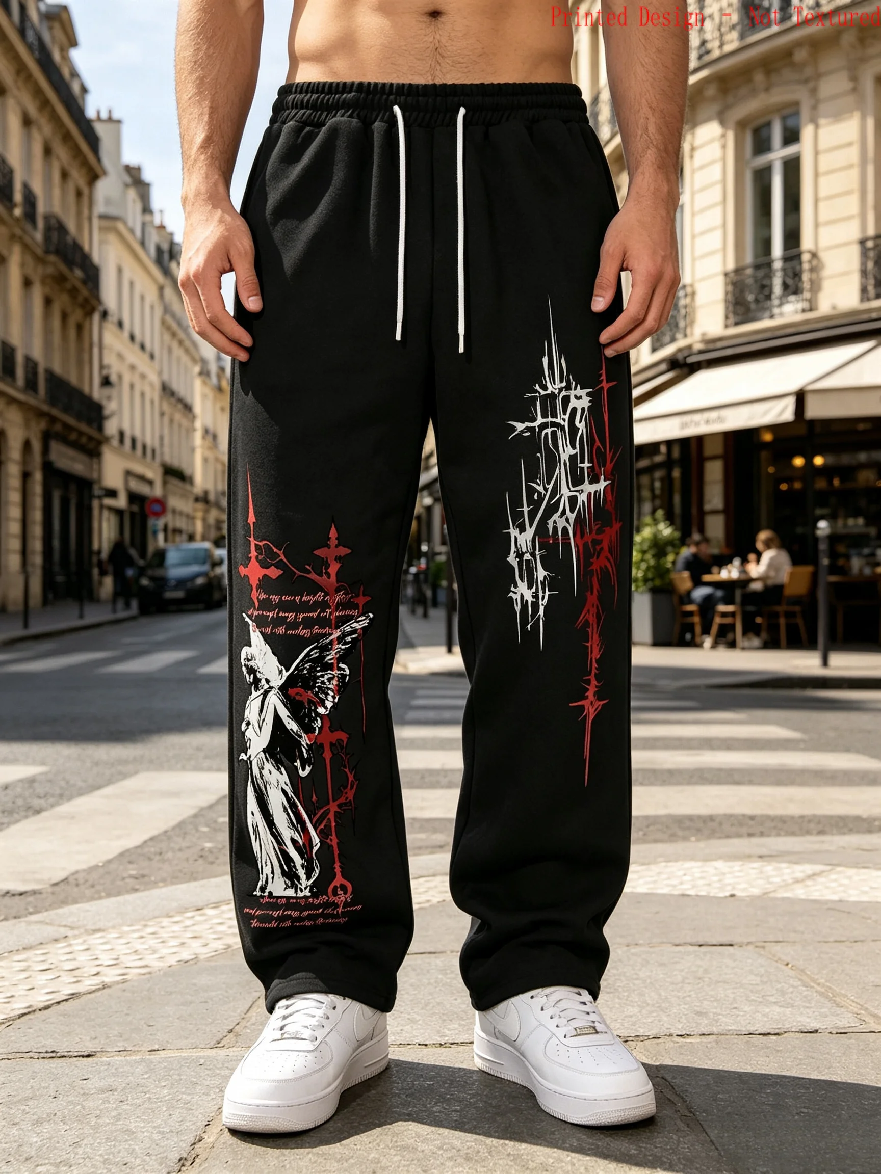 Men's angel sculpture paired with thorn cross print jogging pants, loose straight sports sweatpants, trendy pants