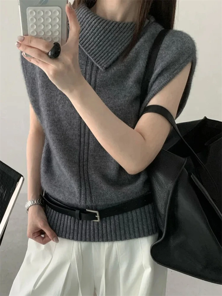 

New Vest 100% Merino Wool Pullover for Women Lapel Solid Color Knitted Sleeveless Sweater Casual Skin Friendly Autumn Winter Top