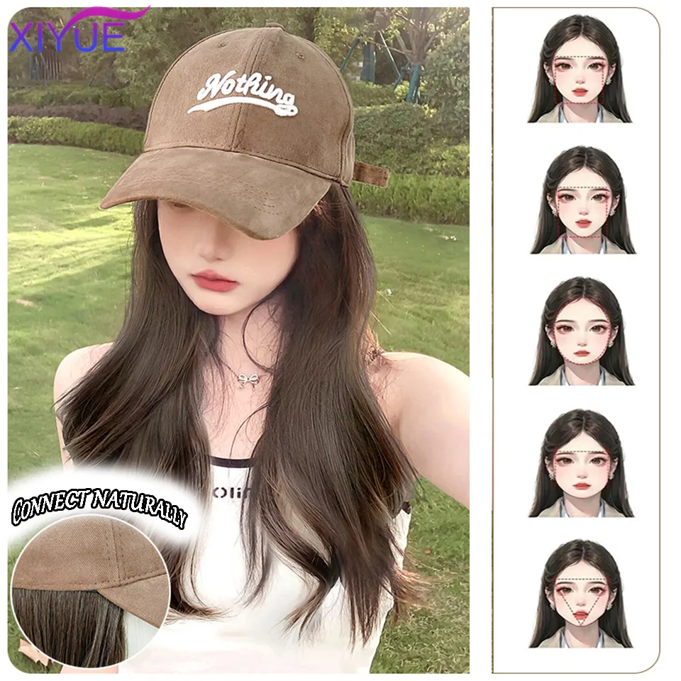 XIYUE  Hat wig female long hair one piece female fashion lazy slightly curly hair baseball cap wig full head cover