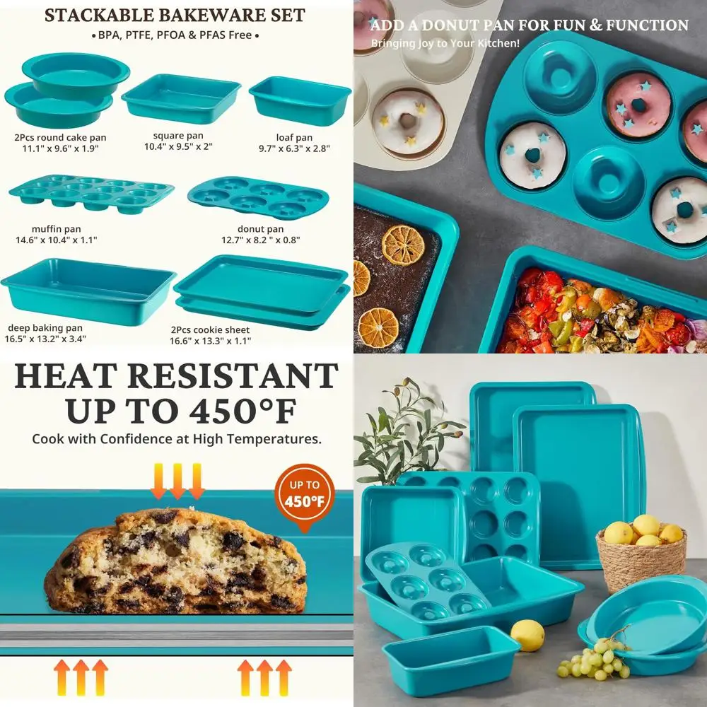 

9-Piece Non-Stick Ceramic Baking Set with Donut Pan, Ideal for Home and Pro Baking (Turquoise)