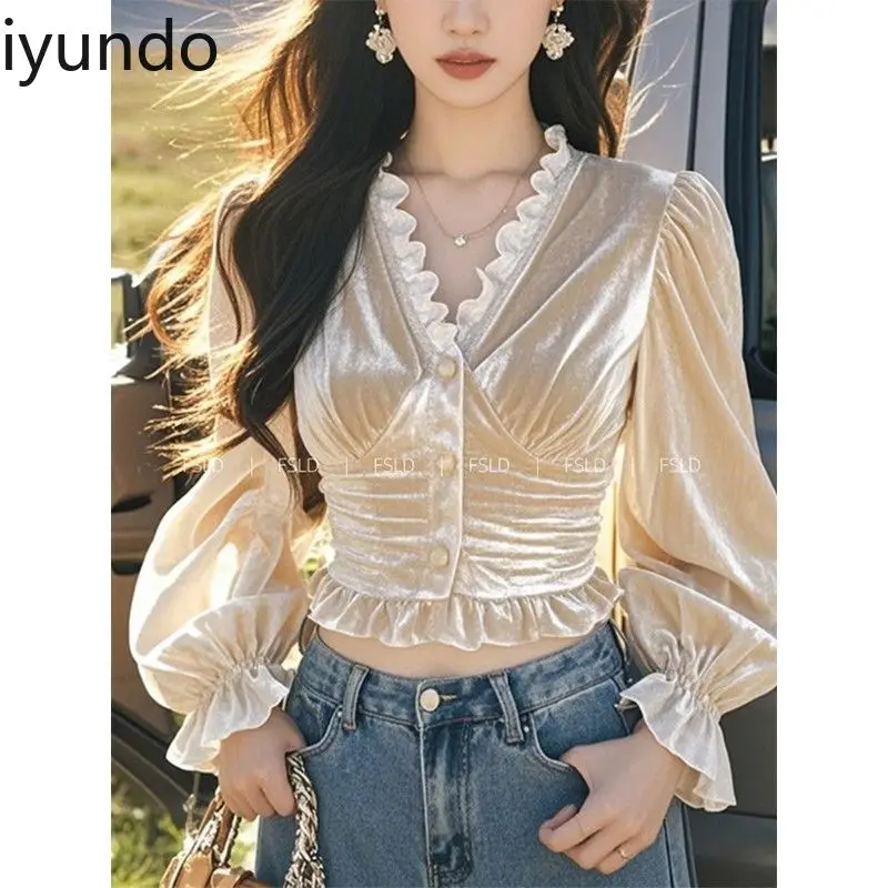 Fluwelen champagnekleurige damesblouse - Elegante luxe herfsttop Unieke stijlvolle shirts voor dames Chemise Satijn