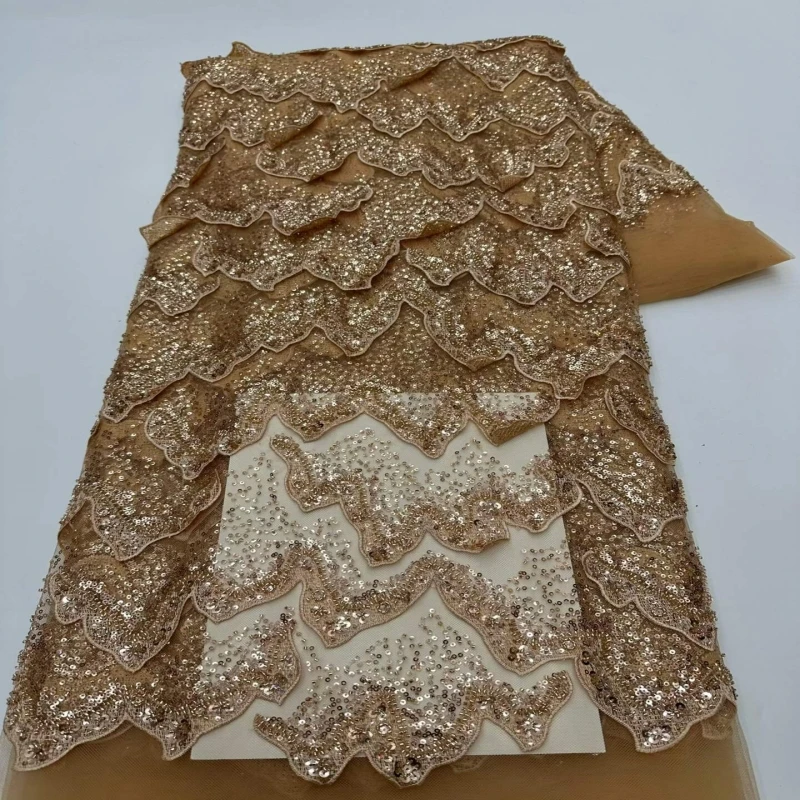 Green Christmas Dress 3D Lace Embroidery Tulle Lace Fabric New Design African Beaded Sequins Lace For Women Party Wedding Gown 6