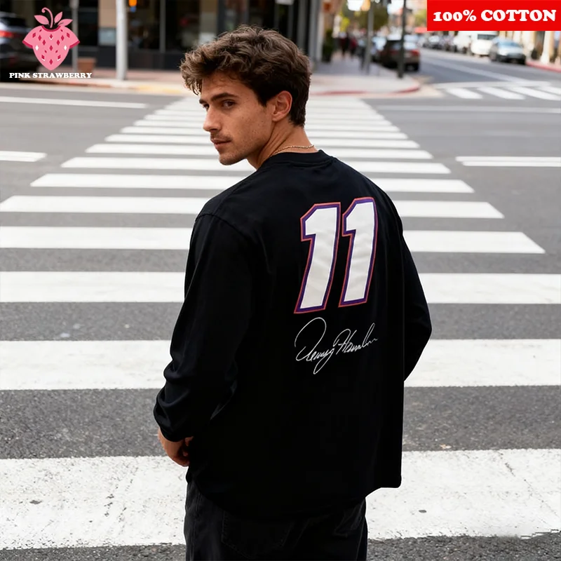 

American Street 11 Number Print T-shirt Men Autumn 2025 New 100% Cotton White Long sleeves Sports Gym Tee Y2k Tops Men Clothing