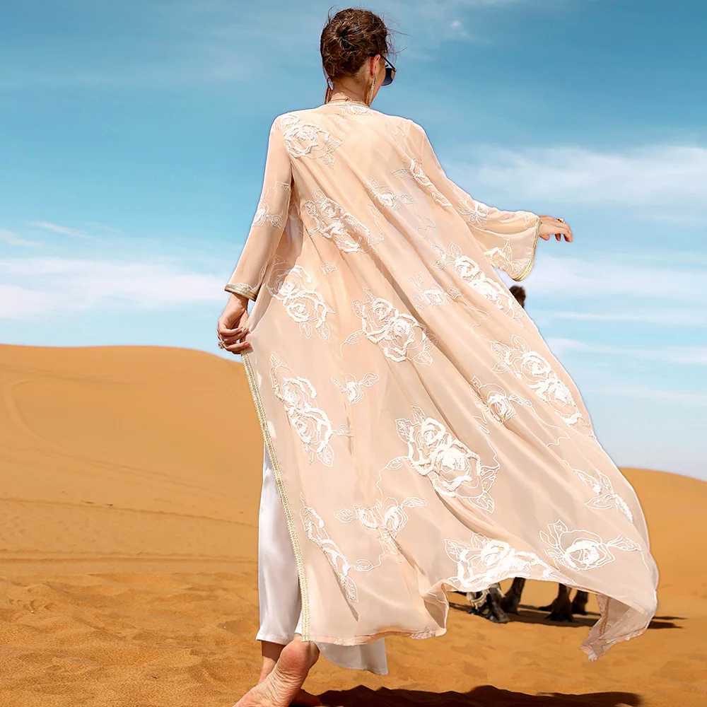 Rose Pattern Embroidery Two Piece Dress Arabian Abaya Suit Middle Eastern Women Clothing Elegant Dubai Dresses Koftan