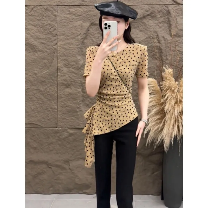 Chic Women Summer Heart Print Short Sleeve Top Round Neck Shoulder Pad Ruched Irregular Tie Casual Shirts