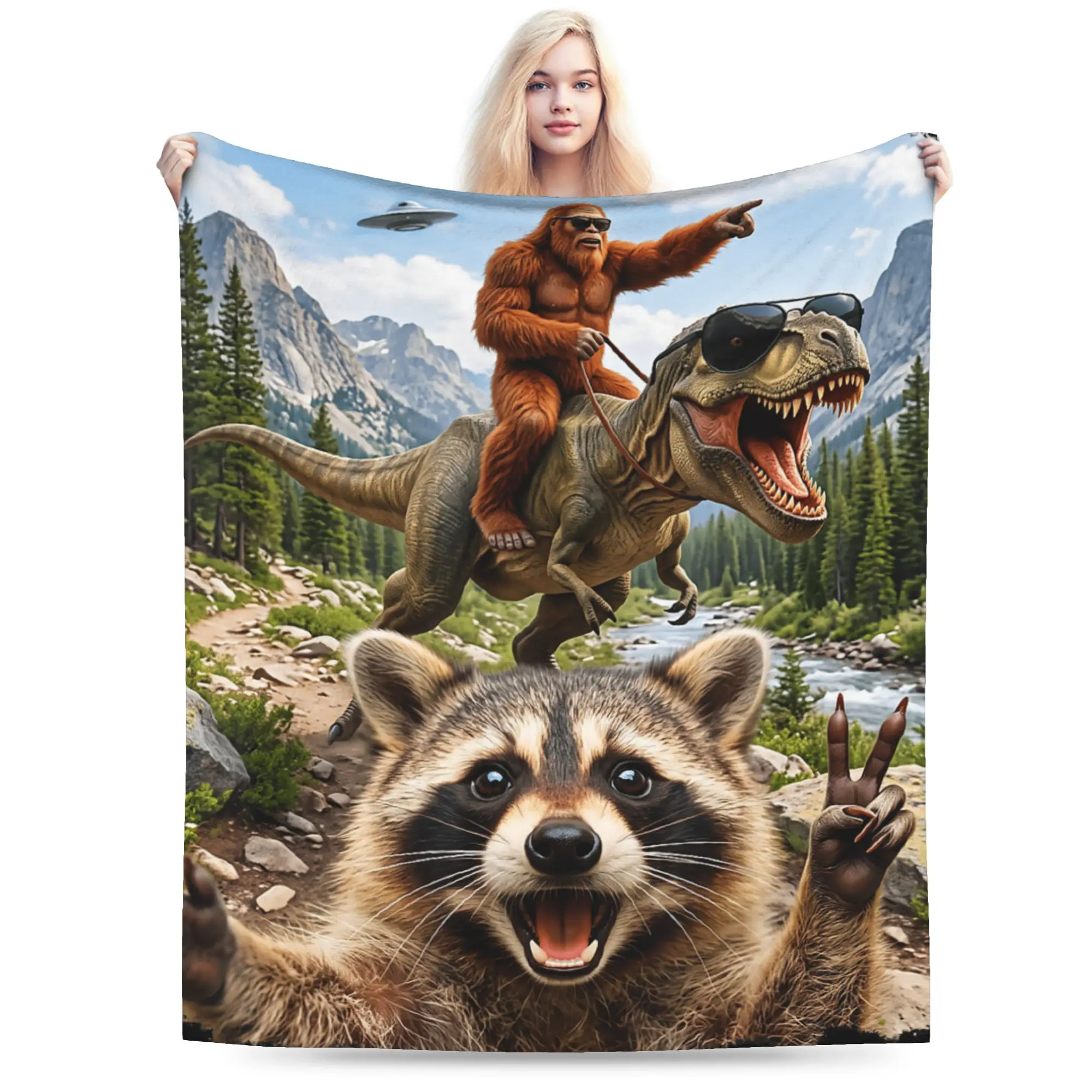 Super Soft Funny Bigfoot Ride Dinosaur Raccoon Throw Blanket Premium Flannel Fleece Lightweight Bed Blanket Warm Plush Bedspread