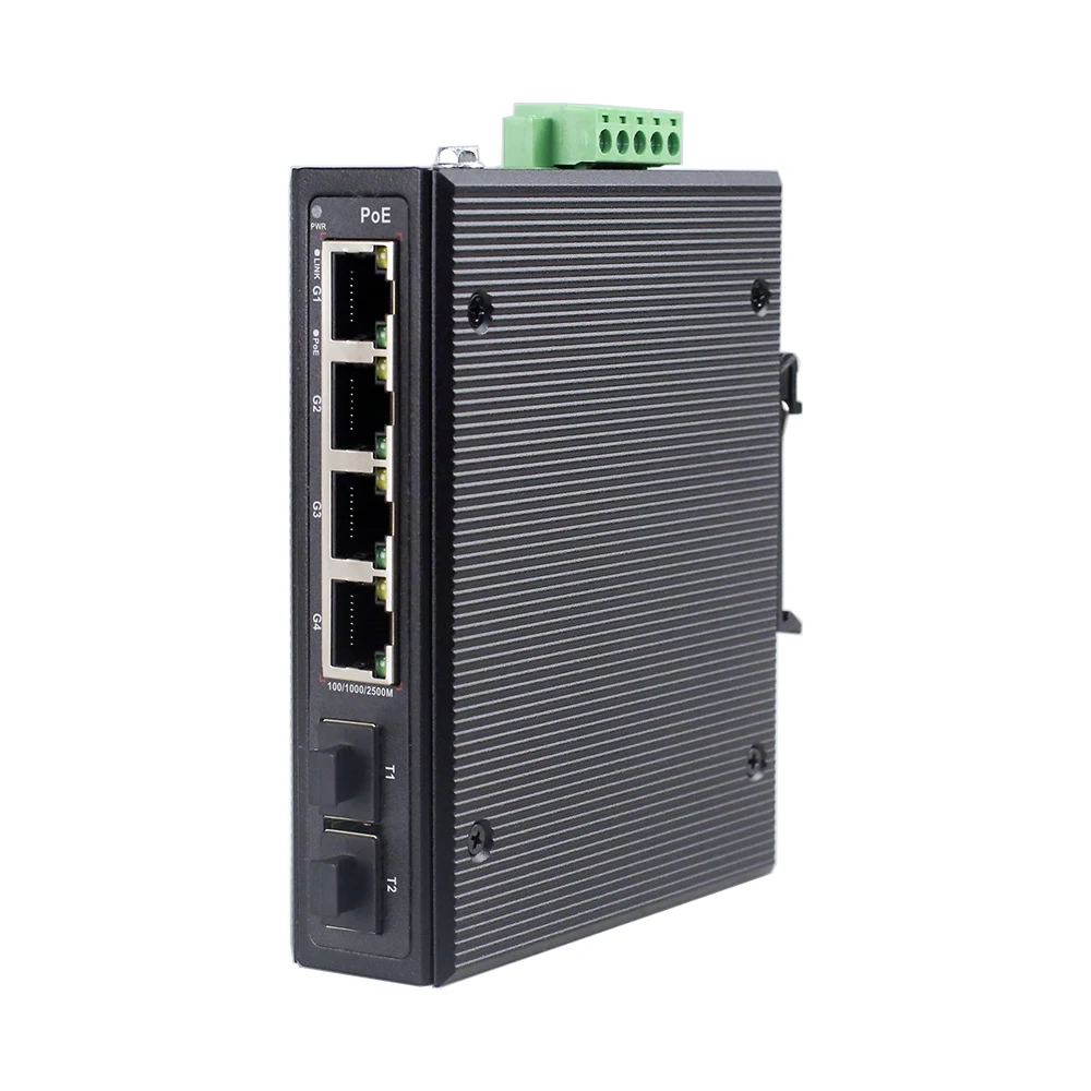 

6-портовый промышленный сетевой коммутатор Bullscom | 4×2,5G PoE+ (30 Вт/портовый) + 2×10G SFP | Неуправляемый | Прочный металлический корпус