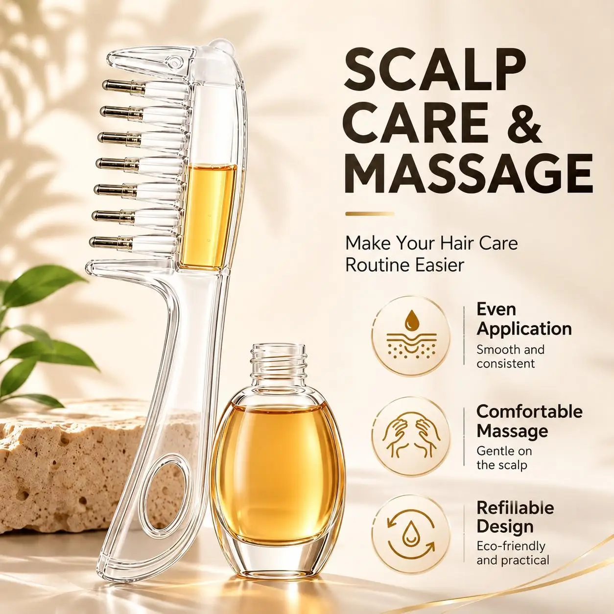 1/2 Pc Scalp Oil Applicator Comb, Refillable Liquid Applicator With Visible Chamber & Gentle Roller Tips