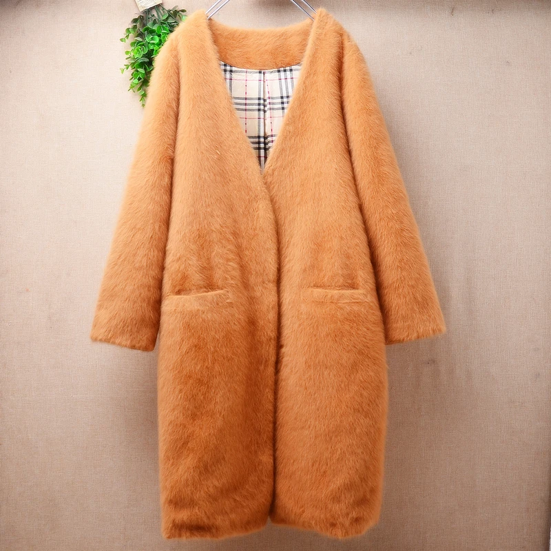 

Women Mujer Fall Winter Clothing Yellow Hairy Mink Cashmere Knitted V-Neck Long Sleeves Loose Long Sweater Caridgans Jacket Coat