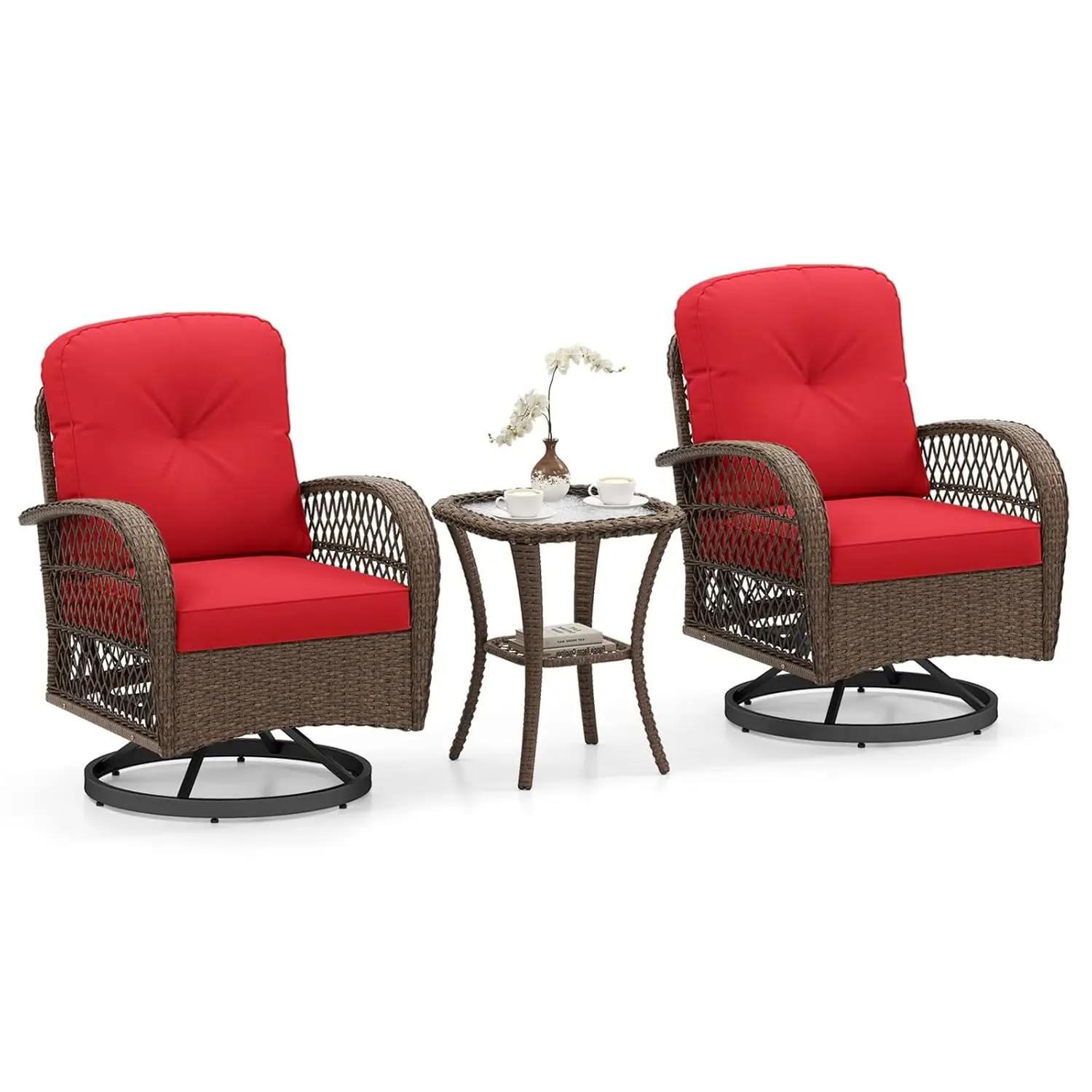 

3pc Wicker 360° Swivel Rocker Patio Set Cushions Glass Table Outdoor Bistro Balcony Porch, Customized