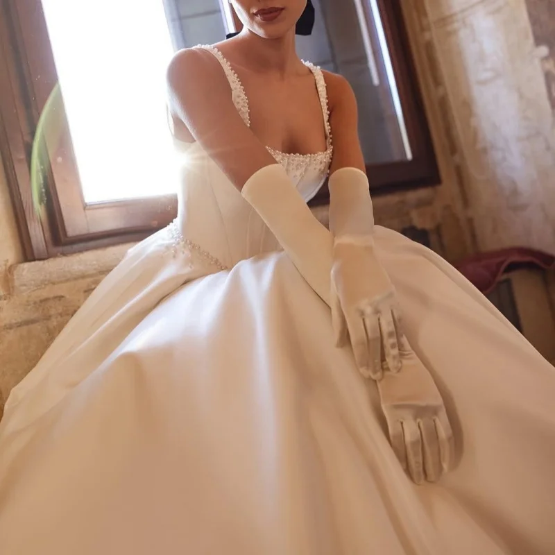 

Satin White Wedding Dresses off-shoulder A skirt Pearl jewelry decal Long tail Bridal Gowns Made Customized