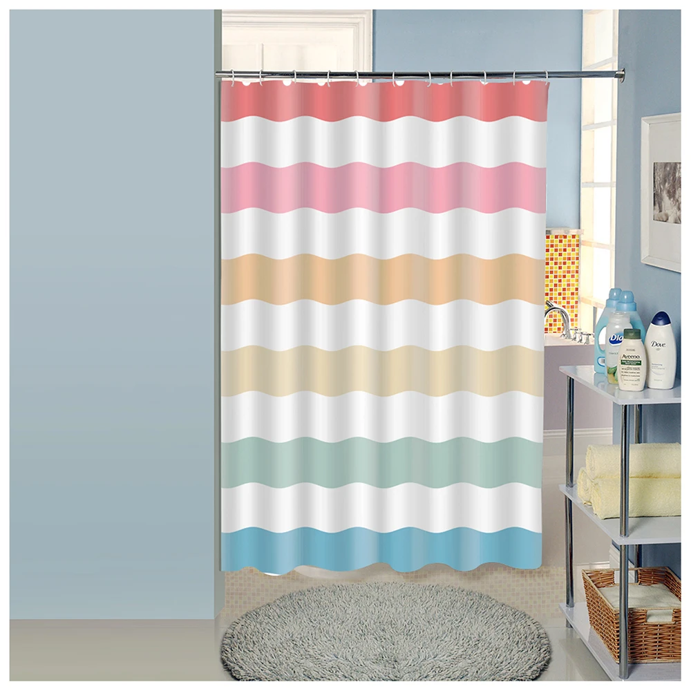 

Wave shaped colored striped digital printed waterproof shower curtain