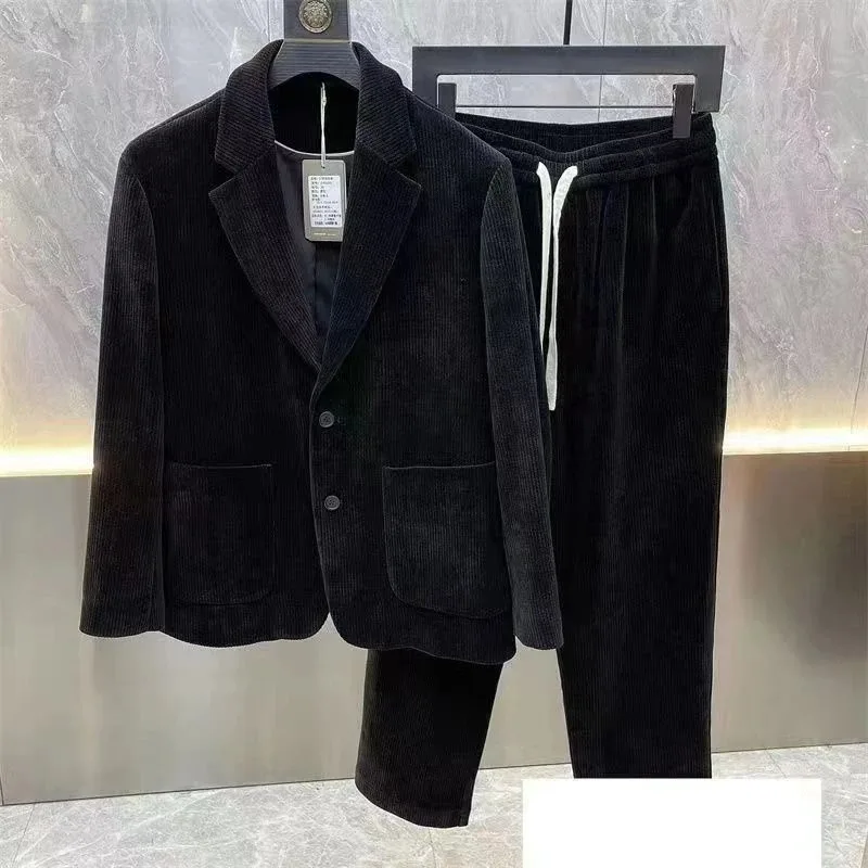Fashion Suit Men's Spring Autumn Long Sleeve High-end Casual Korean Slim Two-piece Set Solid Wrinkle Blazer With Lining Outfits view 2