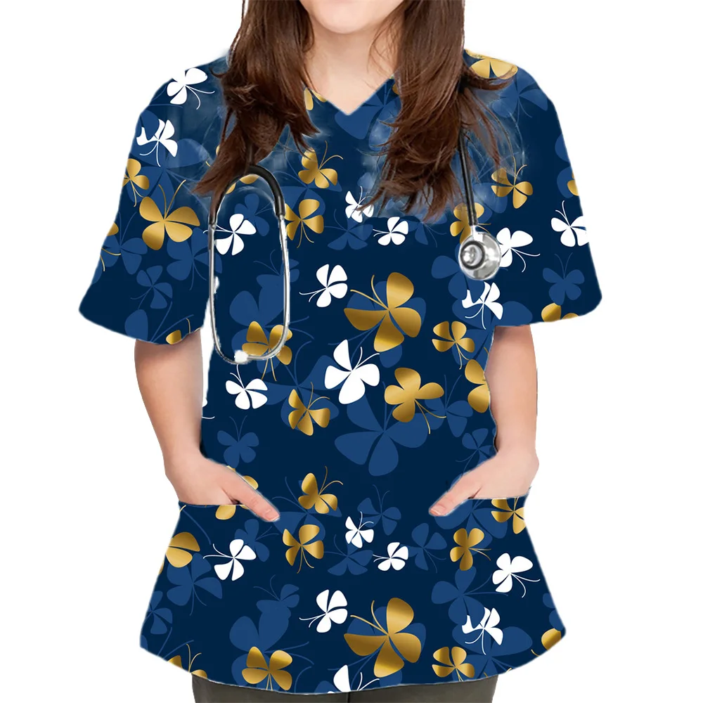 Surgical Uniforms Simplicity Butterfly Print White Short Sleeve Tops Nurse Medical Uniform High Quality Sanitary Uniform Woman