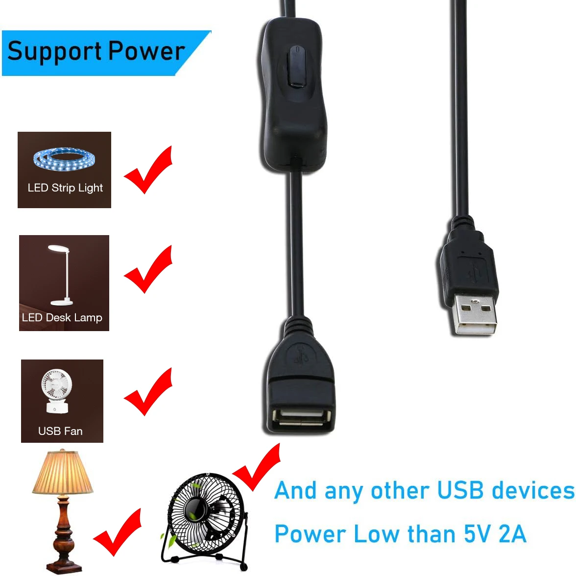 1m USB Cable Extension Cord With Switch ON/OFF Cable Extension USB 2.0 A Male to A Fem Male to A Female Extension Extender Cable